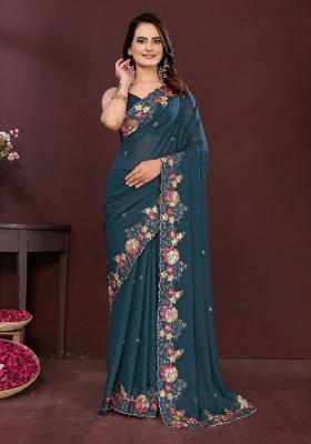Teal Embroidered Georgette Saree Set