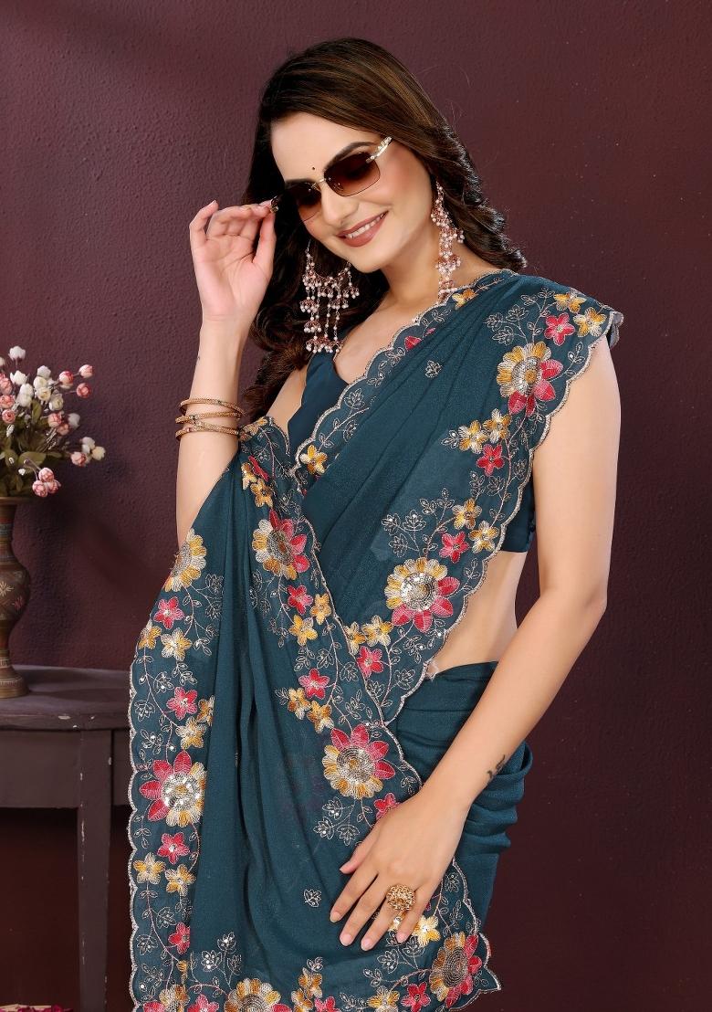 Teal Embroidered Georgette Saree Set - Indya