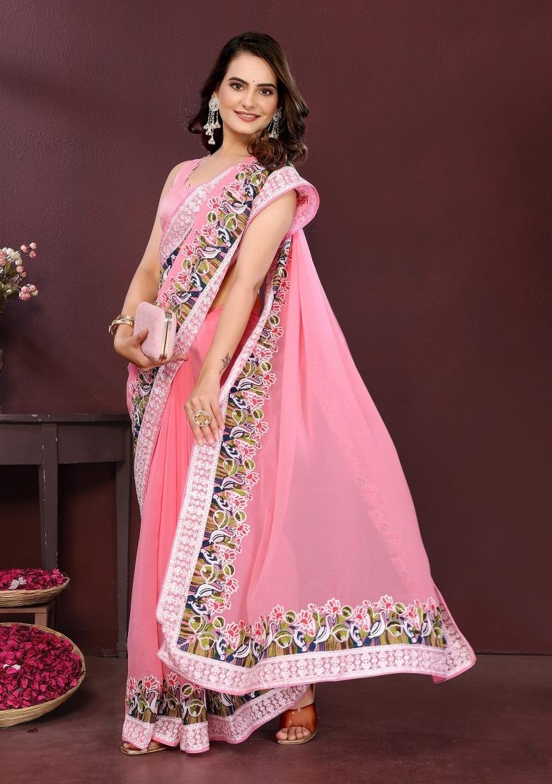 Pink Embroidered Georgette Saree Set - Indya