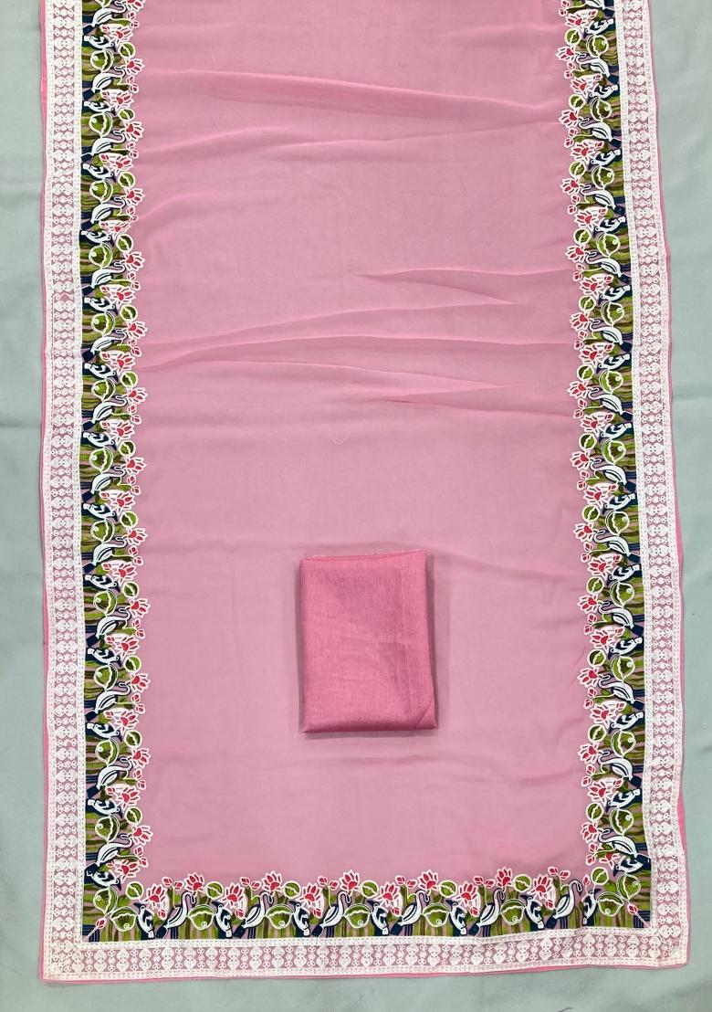 Pink Embroidered Georgette Saree Set - Indya