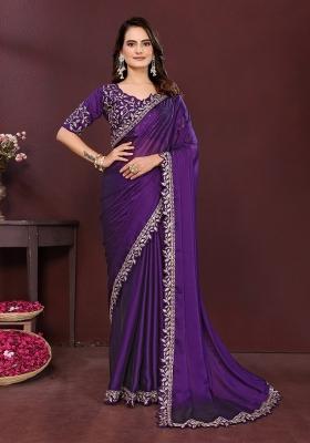 Purple Embroidered Silk Saree Set