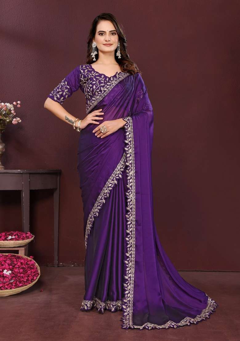 Purple Embroidered Silk Saree Set for Diwali and Festive Wear - Indya