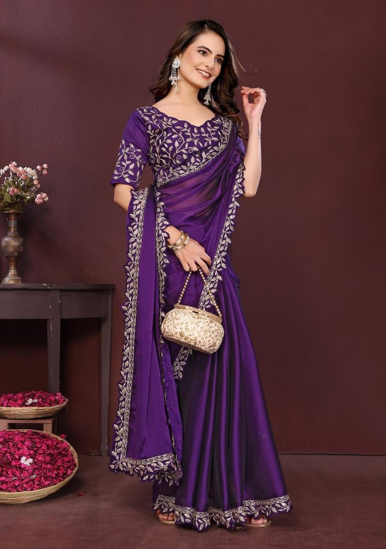 Purple Embroidered Silk Saree Set - Indya