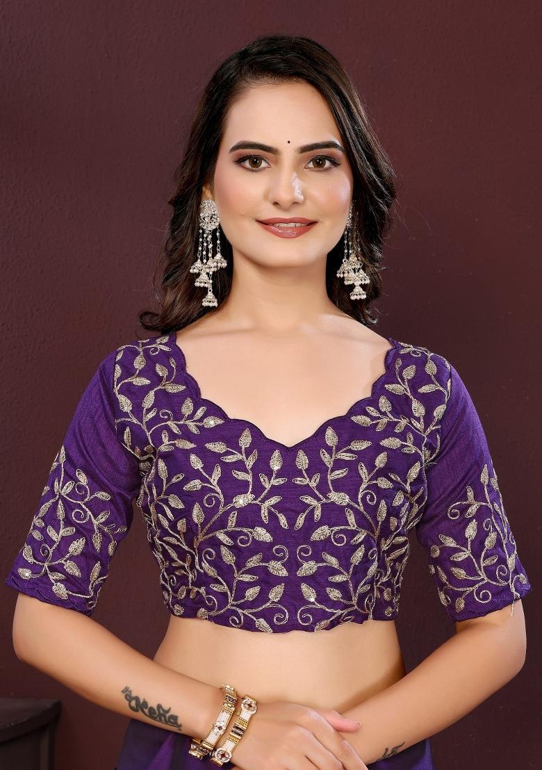 Purple Embroidered Silk Saree Set - Indya