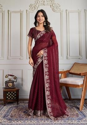 Maroon Embroidered Silk Saree Set