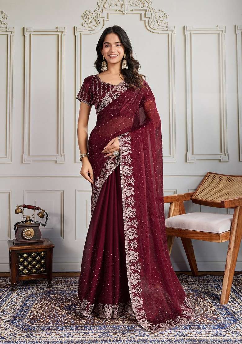 Maroon Silk Saree Set with Embroidered for Diwali | Wedding & Festive Wear - Indya