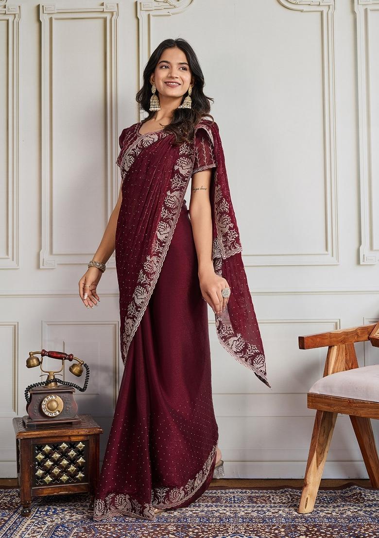Maroon Embroidered Silk Saree Set - Indya