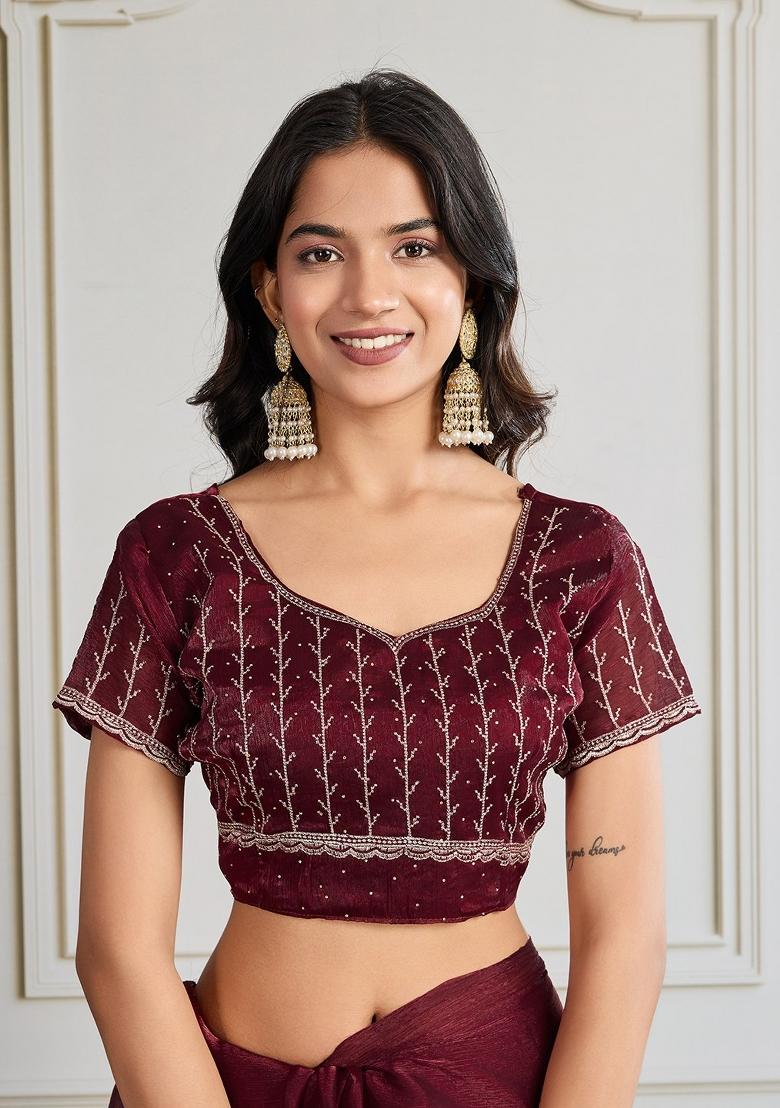 Maroon Embroidered Silk Saree Set - Indya