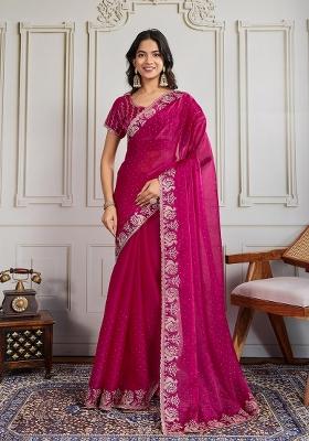 Rani Pink Embroidered Silk Saree Set