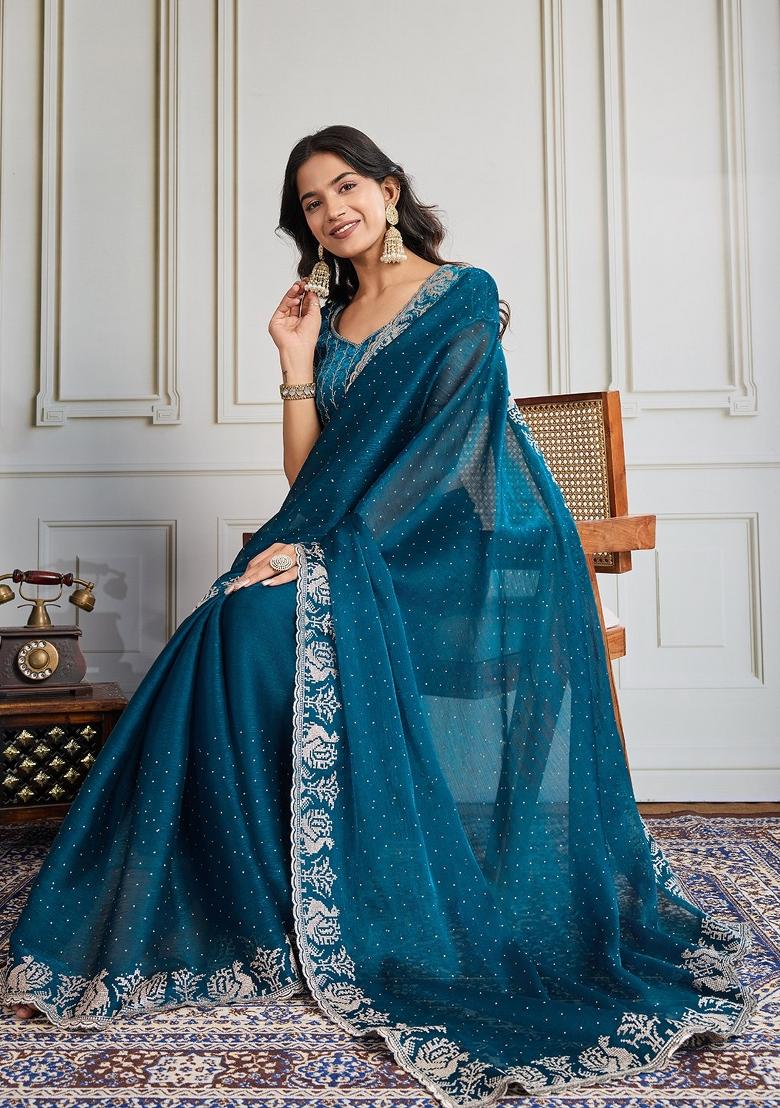Teal Embroidered Silk Saree Set - Indya
