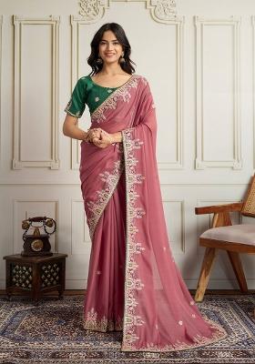 Pink Embroidered Georgette Saree Set