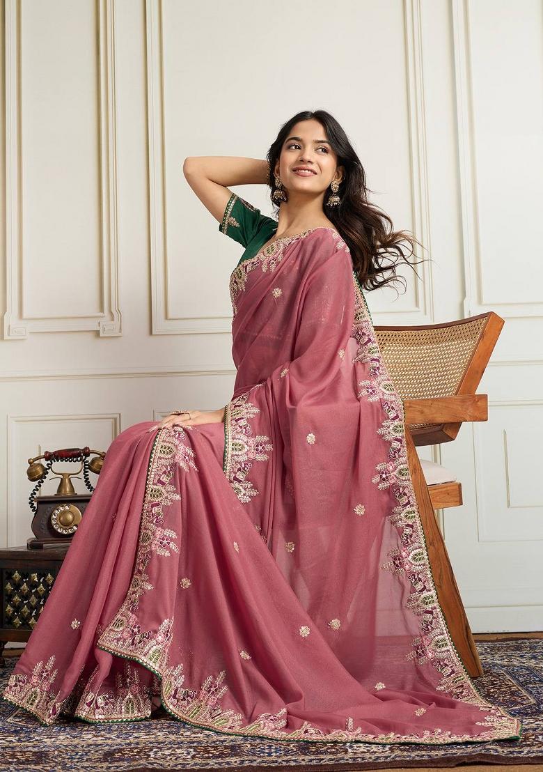 Pink Embroidered Georgette Saree Set - Indya