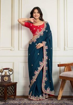 Teal Embroidered Georgette Saree Set
