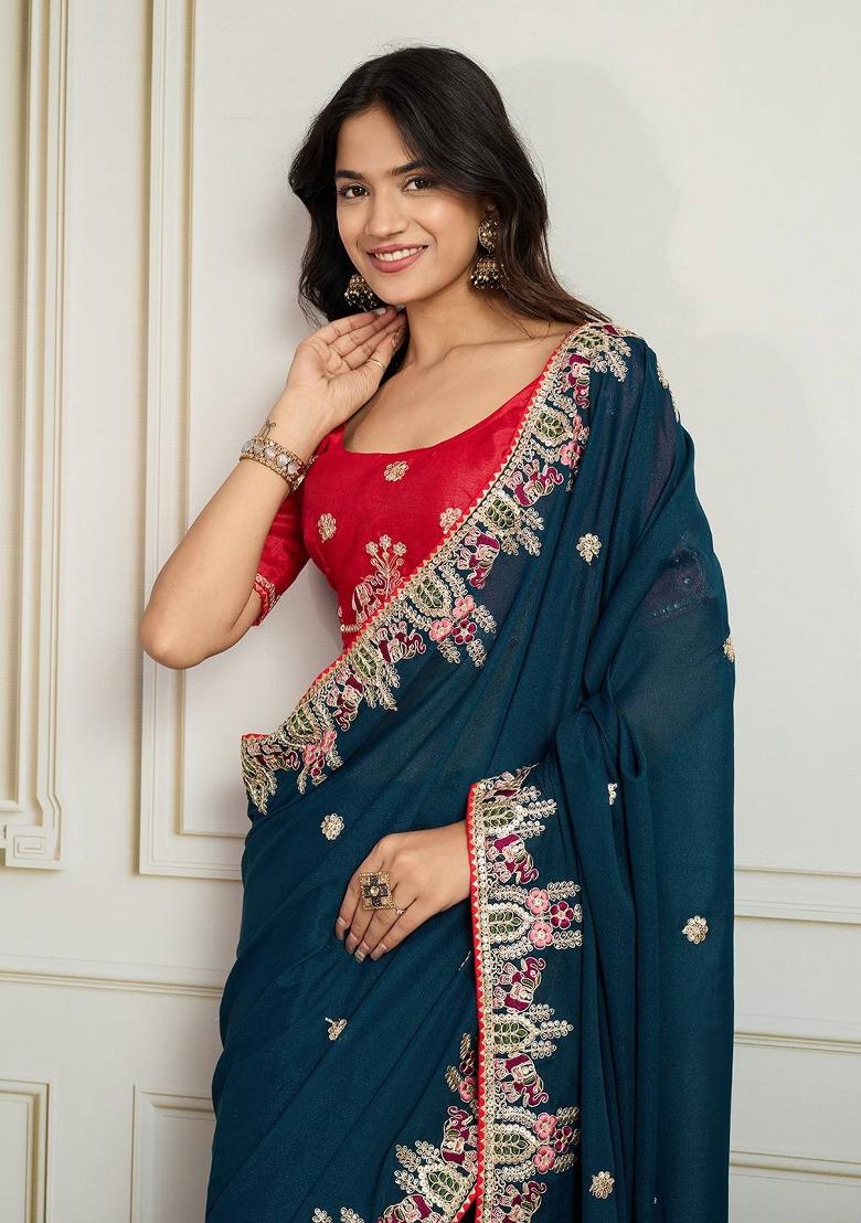 Teal Embroidered Georgette Saree Set - Indya