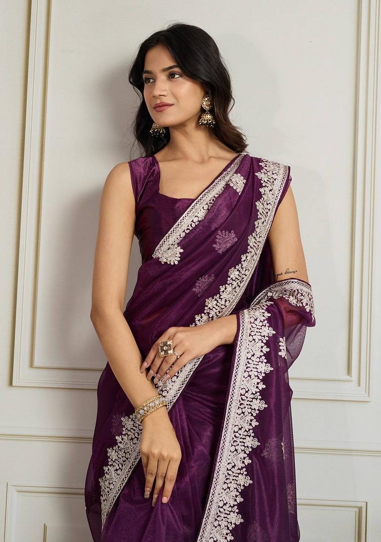 Wine Embroidered Net Saree Set - Indya