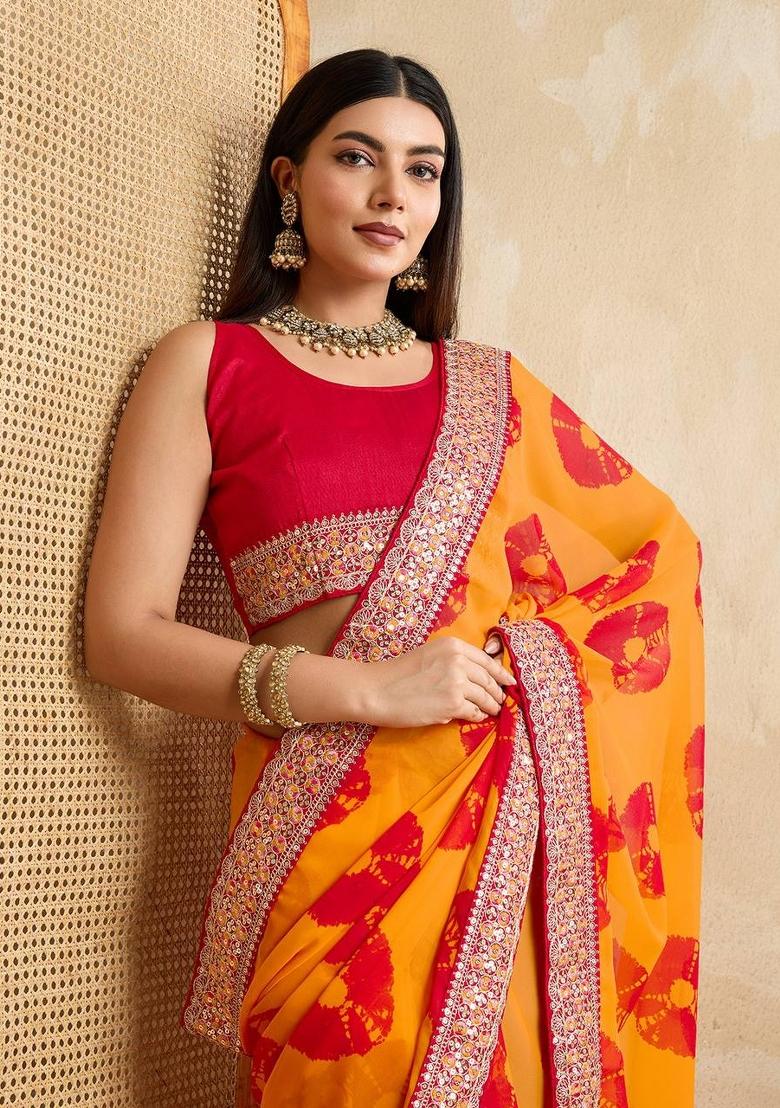 Mustard Embroidered Georgette Saree Set - Indya
