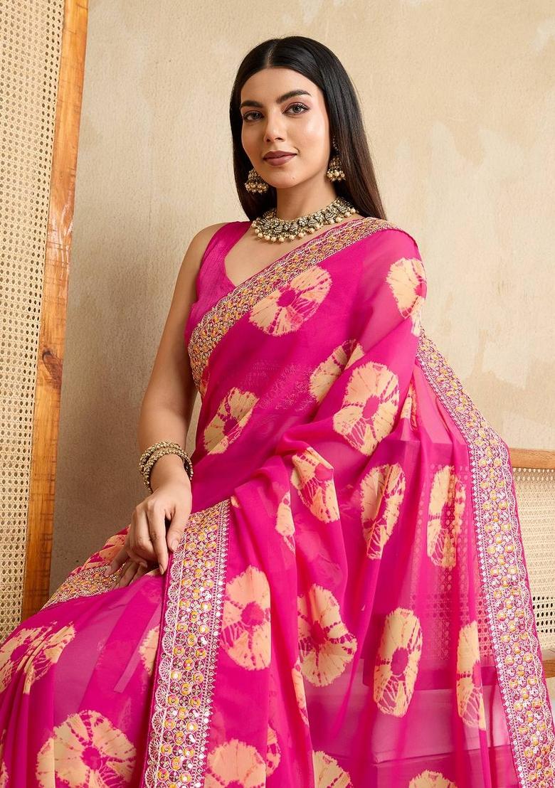 Pink Embroidered Georgette Saree Set - Indya