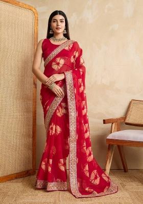 Red Embroidered Georgette Saree Set
