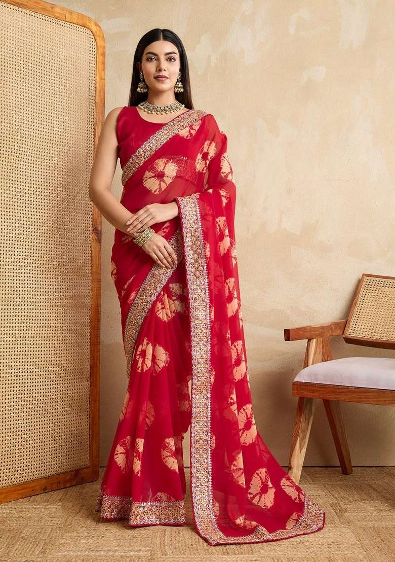 Red Embroidered Georgette Saree Set for Diwali and Festive Wear - Indya