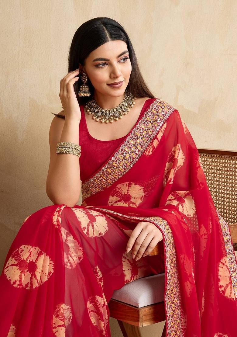 Red Embroidered Georgette Saree Set - Indya
