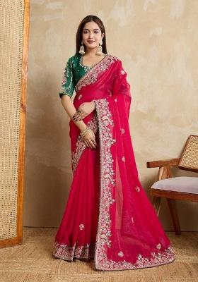 Pink Embroidered Silk Saree Set