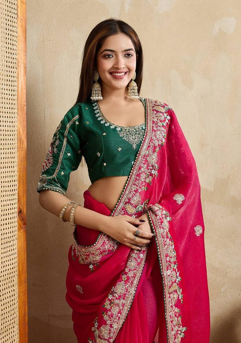 Pink Embroidered Silk Saree Set - Indya