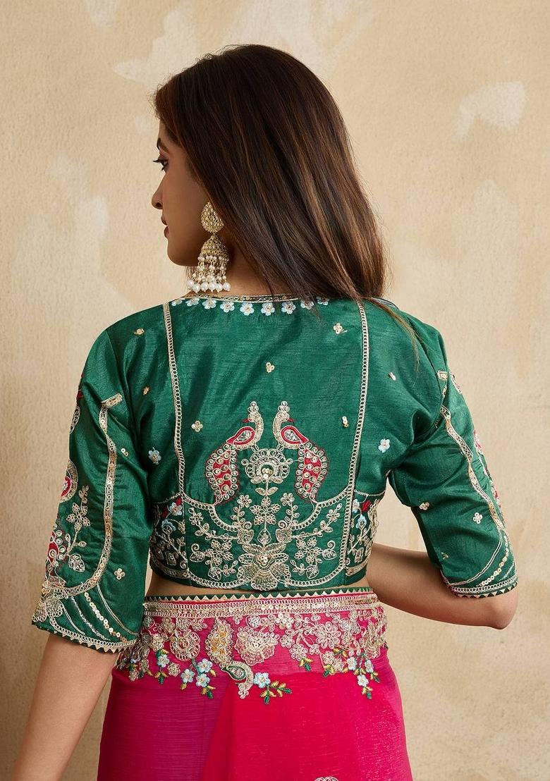 Pink Embroidered Silk Saree Set - Indya