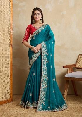 Teal Embroidered Silk Saree Set