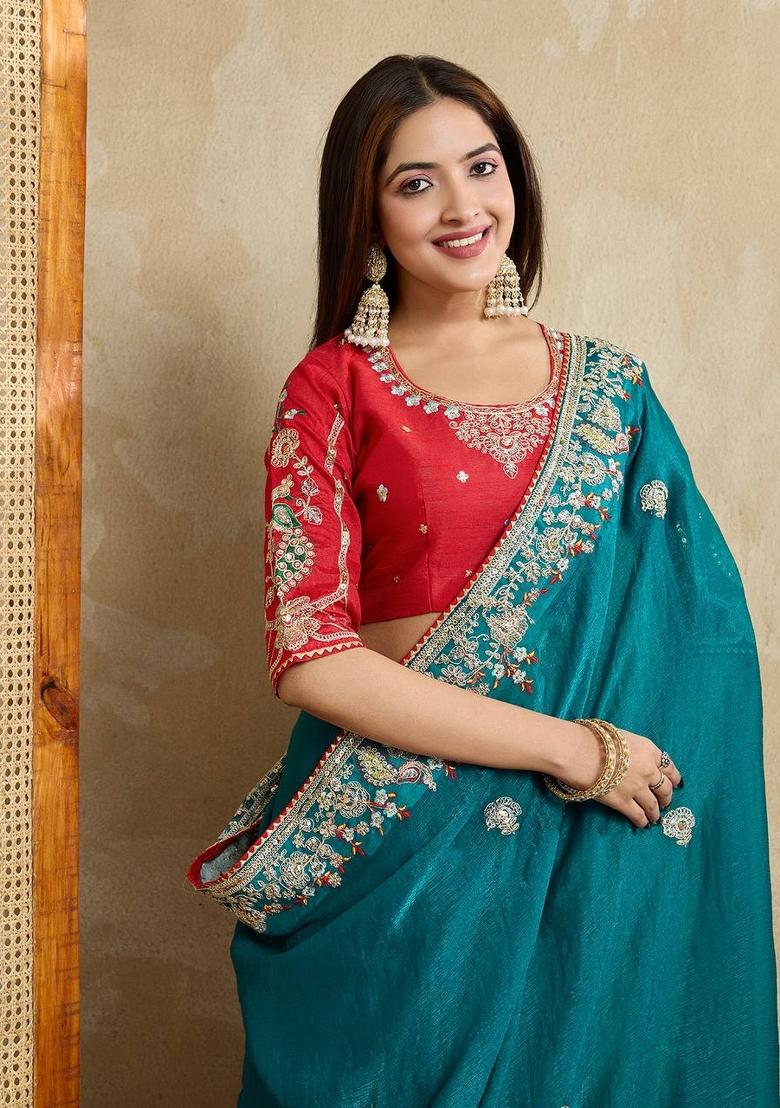 Teal Embroidered Silk Saree Set - Indya