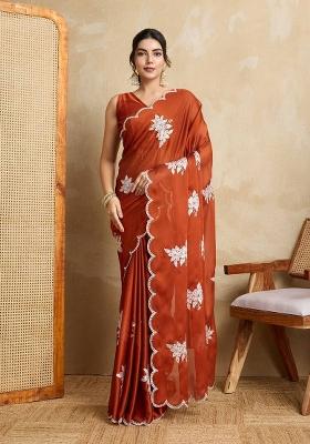 Orange Embroidered Silk Saree Set