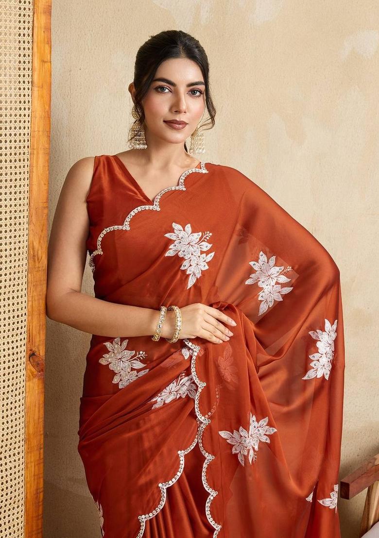 Orange Embroidered Silk Saree Set - Indya