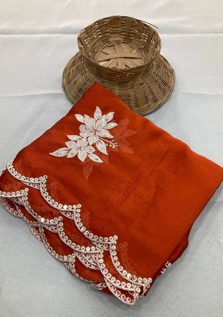 Orange Silk Saree Set with Embroidered for Diwali | Wedding & Festive Wear - Indya
