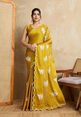 Yellow Embroidered Silk Saree Set