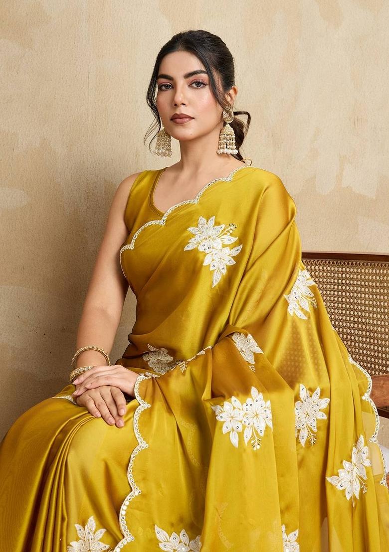 Yellow Embroidered Silk Saree Set - Indya