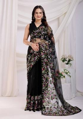 Black Embroidered Net Saree Set