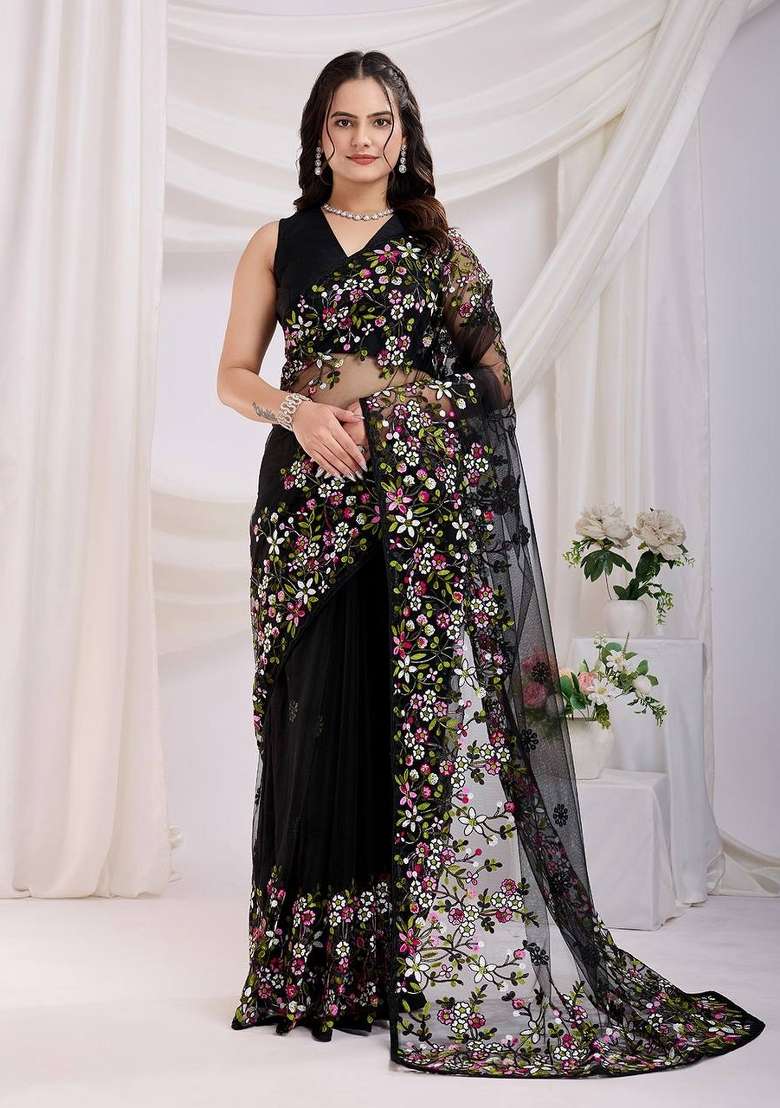 Black Net Saree Set with Embroidered for Diwali | Wedding & Festive Wear - Indya