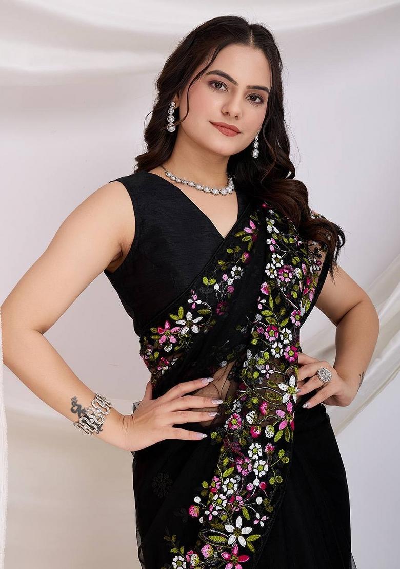 Black Embroidered Net Saree Set - Indya