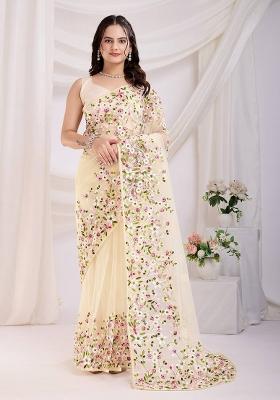 Cream Embroidered Net Saree Set