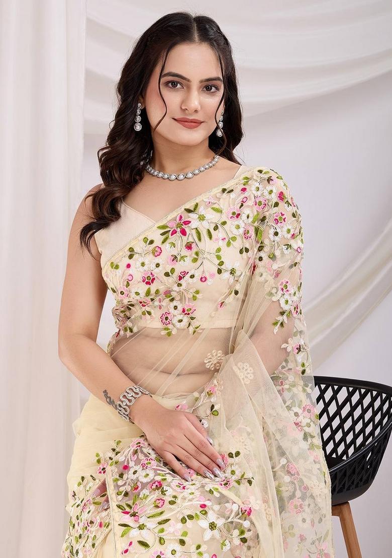Cream Embroidered Net Saree Set - Indya