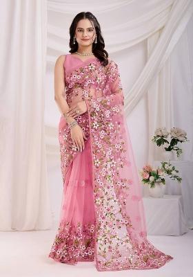 Pink Embroidered Net Saree Set