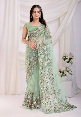 Sea Green Embroidered Net Saree Set