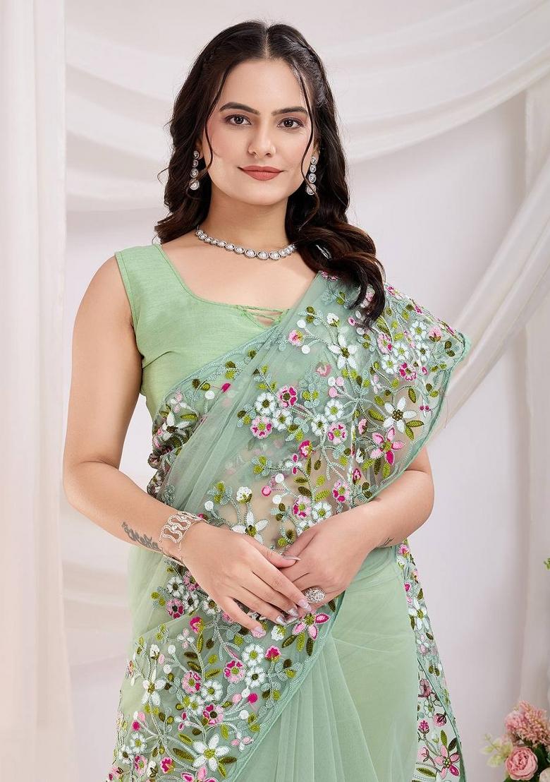 Sea Green Embroidered Net Saree Set - Indya