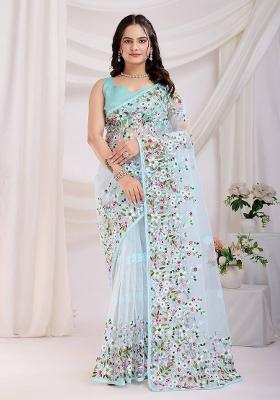Sky Blue Embroidered Net Saree Set
