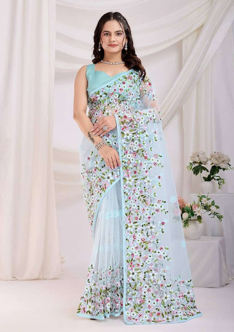 Sky Blue Net Saree Set with Embroidered for Diwali | Wedding & Festive Wear - Indya