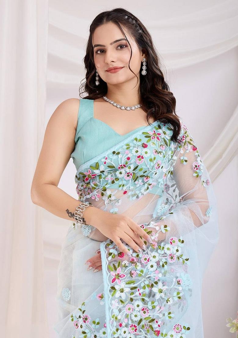 Sky Blue Embroidered Net Saree Set - Indya