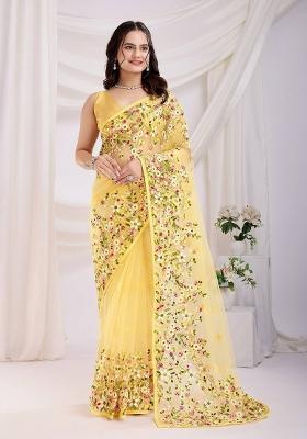 Yellow Embroidered Net Saree Set
