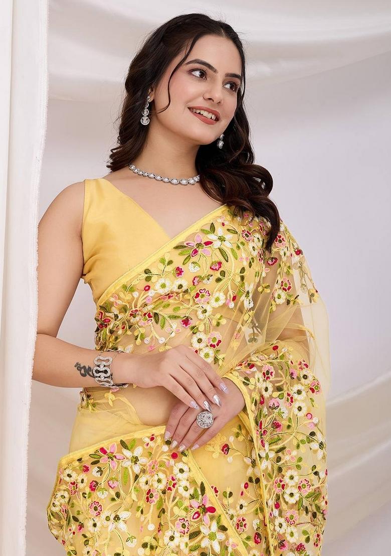 Yellow Embroidered Net Saree Set - Indya