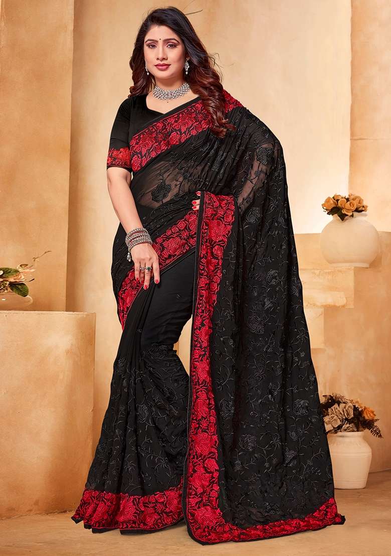 Black Georgette Saree Set with Embroidered for Diwali | Wedding & Festive Wear - Indya