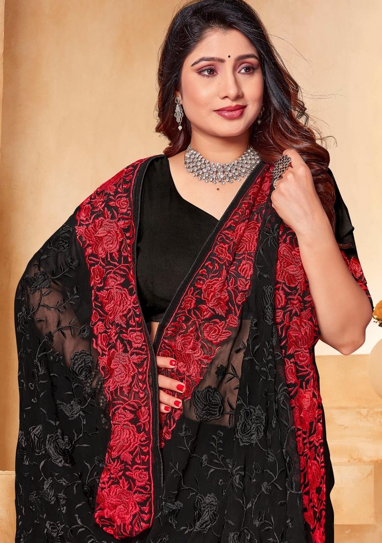 Black Embroidered Georgette Saree Set - Indya