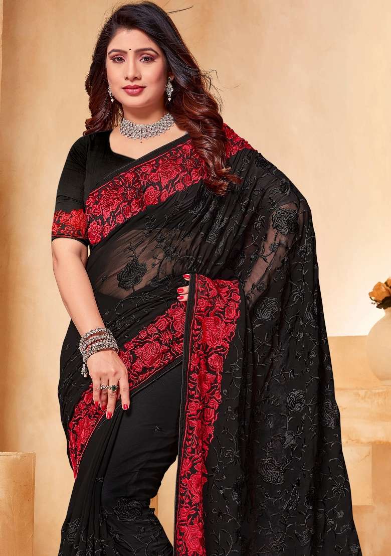Black Georgette Saree Set with Embroidered for Diwali | Wedding & Festive Wear - Indya
